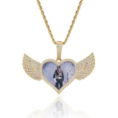 Handimake Customized Love Wings Photo Necklace, Personalized Hip Hop Photo Pendant, Zircon Solid Memory Frame