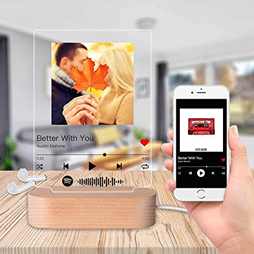 Handimake Custom Acrylic Spotify Plaque, Customizable Decorative Signage with Favorite Song & Photo, LED Lights, Modern Rectangular or Square Plaque, Gifts for Women & Men