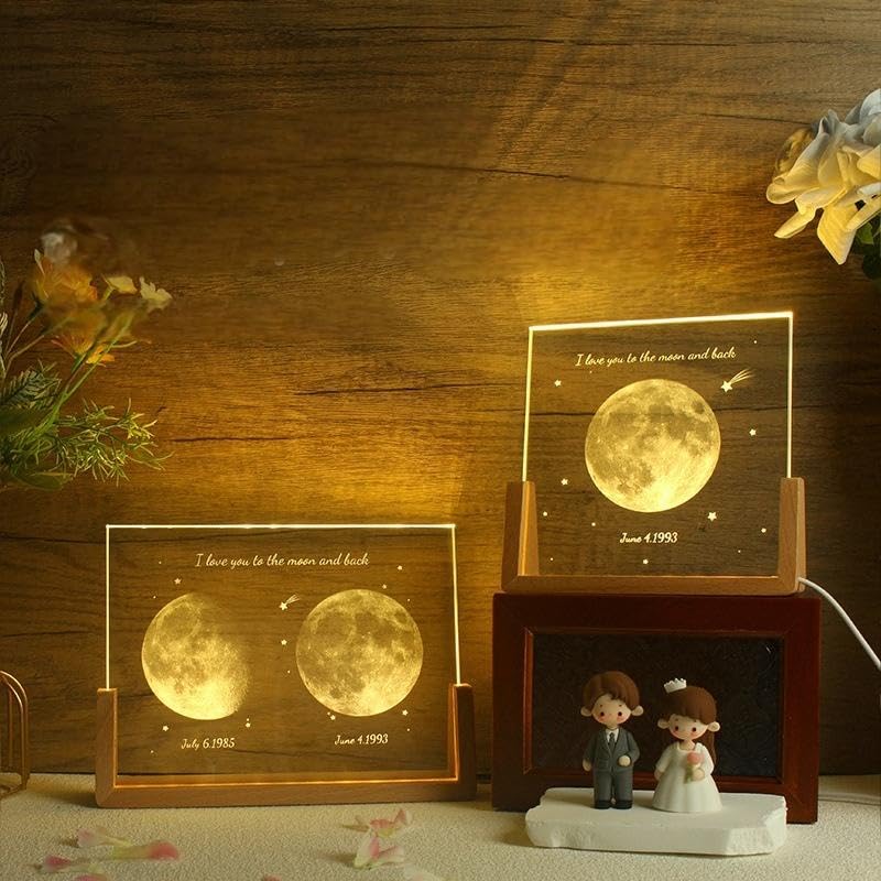 Handimake Customized Moon Crystal Night Light, Personalized Name and Date Moon Phase Night Light, Customized Moon Phase Night Light by Date, Birthday Gift, Christmas Commemoration