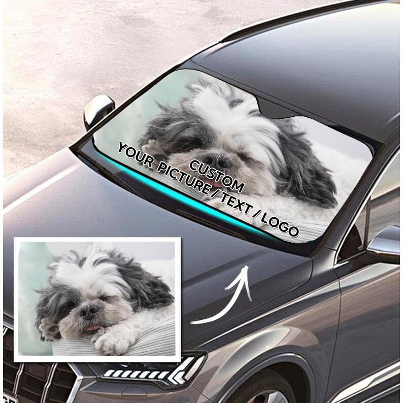 Handimake Customized Car Windshield Sun Visor, Personalized Photo Text Double-Layer Aluminum Foil Sun Protection and Insulation Curtain, Foldable Sun Visor Universal for All Models