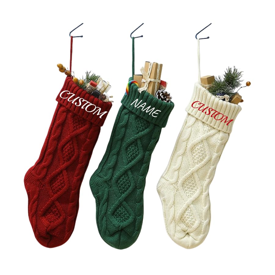 Handimake Customized Embroidered Christmas Stockings, Personalized Name Family Knitted Woolen Christmas Socks, 18 inch Large Candy Bag Sock Set, Holiday Family Party Decoration