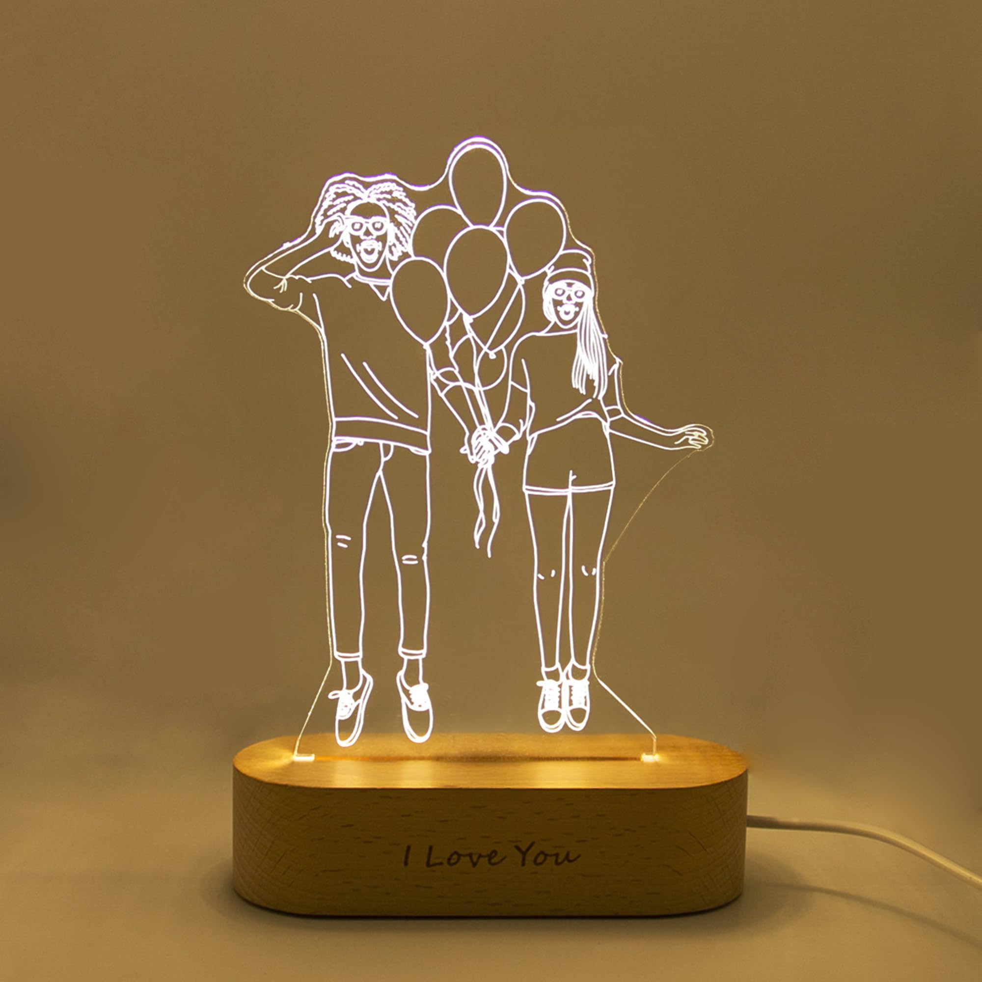 Handimake Customized Romantic 3D Photo Light Acrylic Night Light Handdrawn Line Draft Minimalist Line Art Picture Carving Illuminated Sign Beech Base, Anniversary, Valentine's Day, Birthday Gift